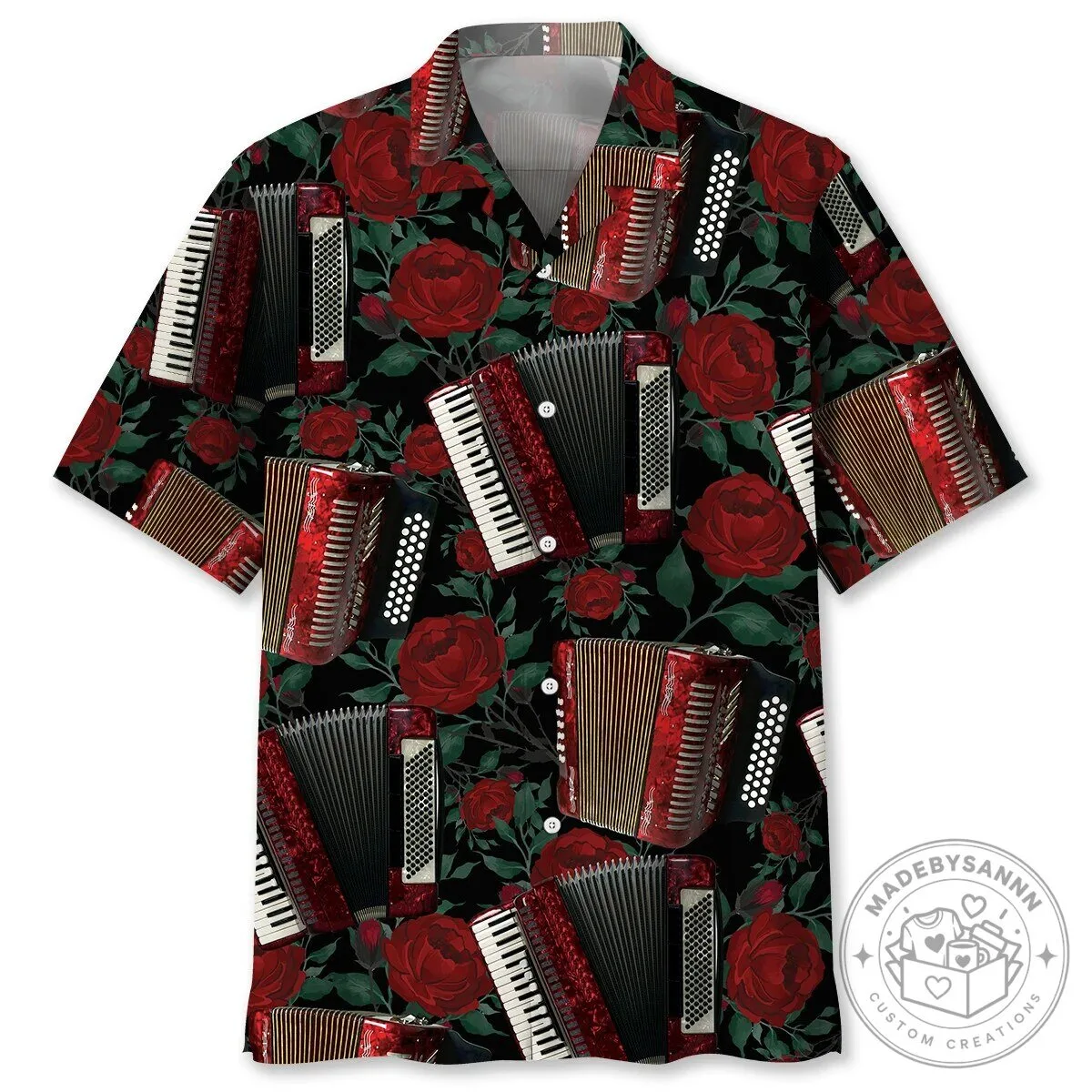 Accordion And Red Rose Floral Pattern Hawaiian Shirt