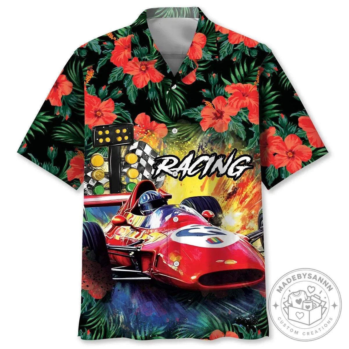 Vintage Formula One Racing Car Hibiscus Floral Hawaiian Shirt