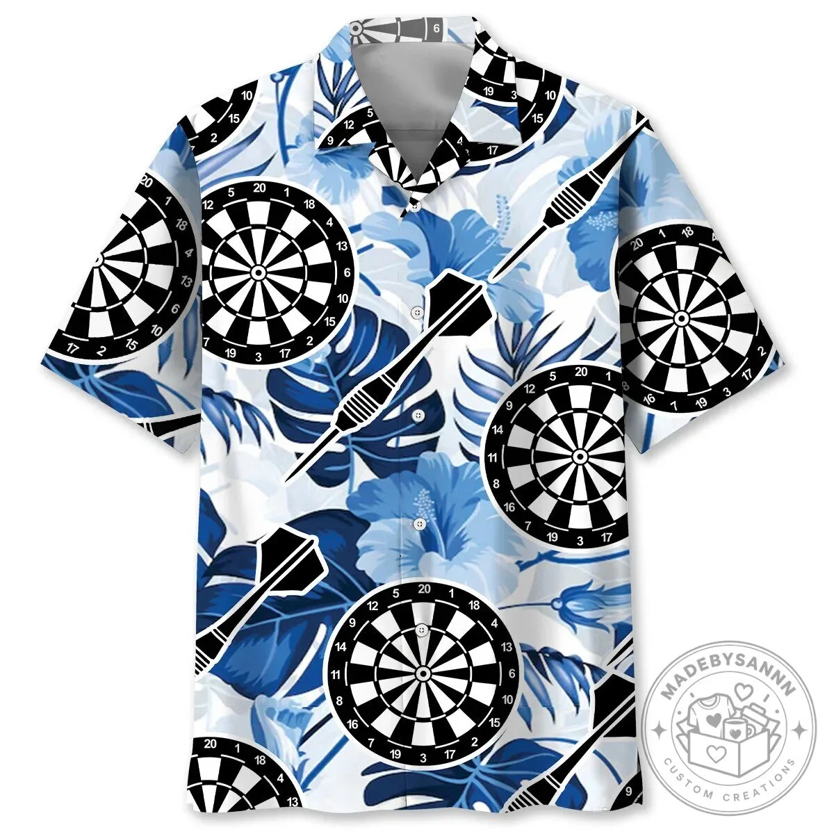 Blue Darts Game Tropical Floral Pattern Hawaiian Shirt for Men