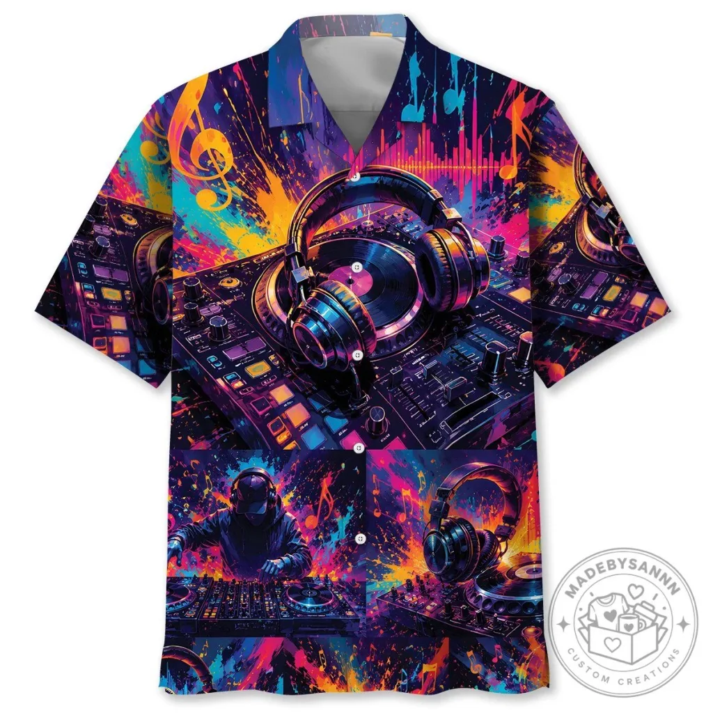 Colorful DJ Music Mixer Deck Headphones Hawaiian Shirt