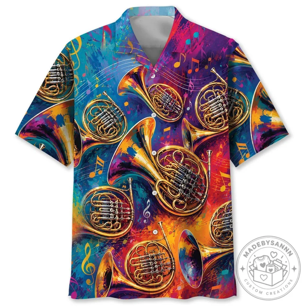 Hawaiian Shirt with Vibrant Pattern of French Horn Musical Instruments Hawaiian Shirt with Vibrant Pattern of French Horn Musical Instruments
