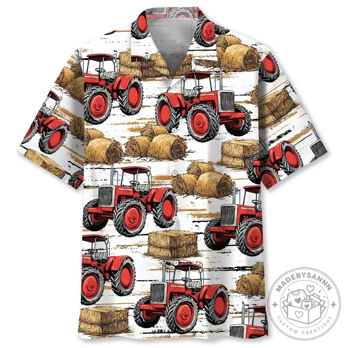 Red Tractor Haystack Farmhouse Pattern Hawaiian Shirt