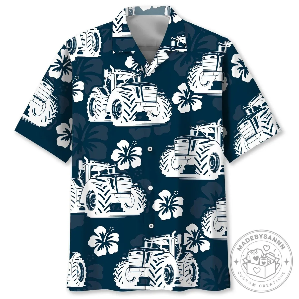 Tractor Farm Vehicle Hibiscus Flower Pattern Blue Hawaiian Shirt