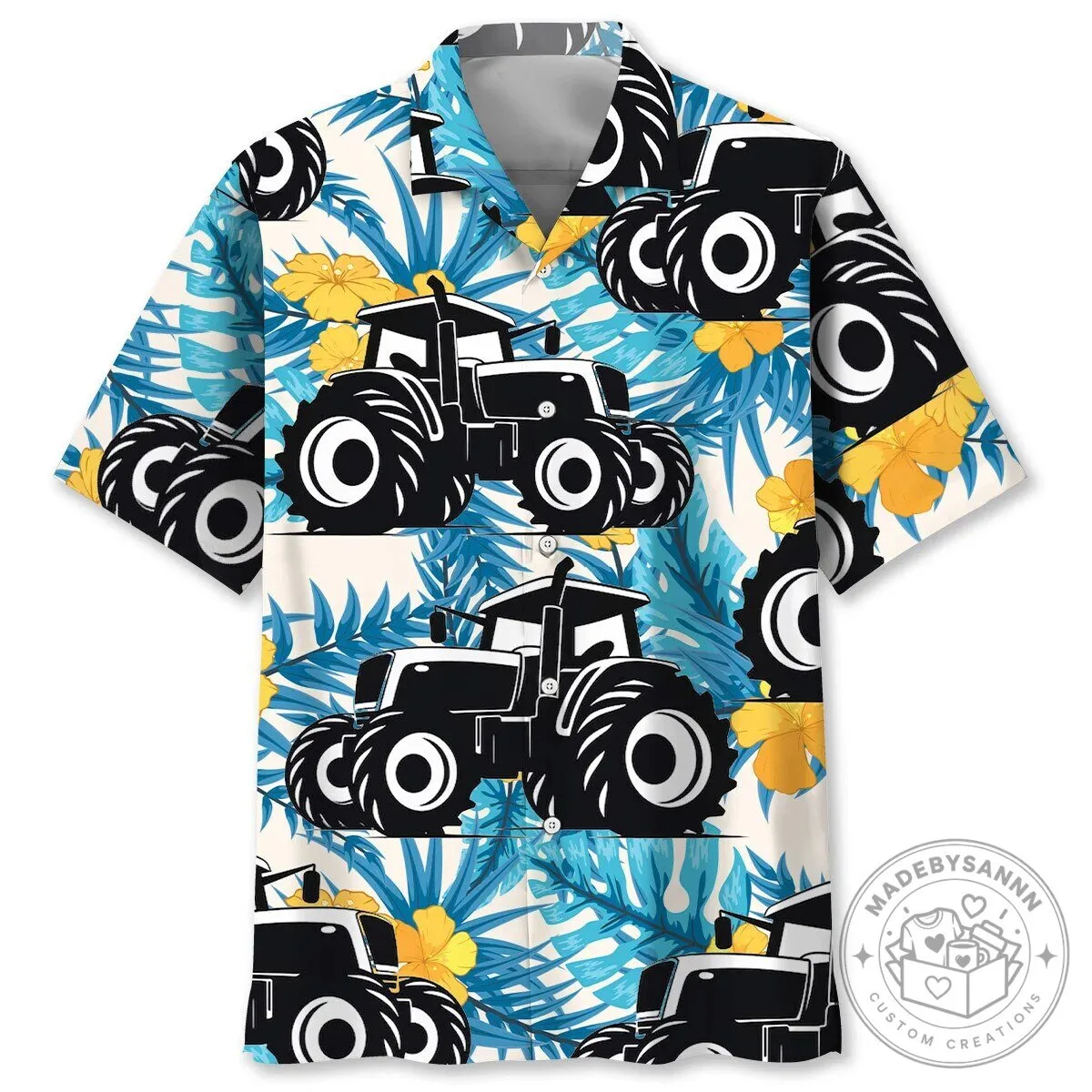 Farmer Tractor Tropical Leaves and Flowers Hawaiian Shirt