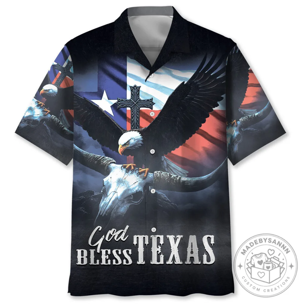 God Bless Texas Eagle Skull Flag Patriotic Hawaiian Shirt