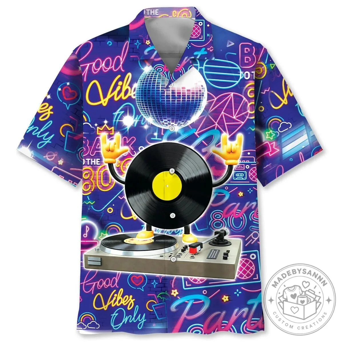 Good Vibes Only 80s Disco Music Turntable Neon Pattern Hawaiian Shirt