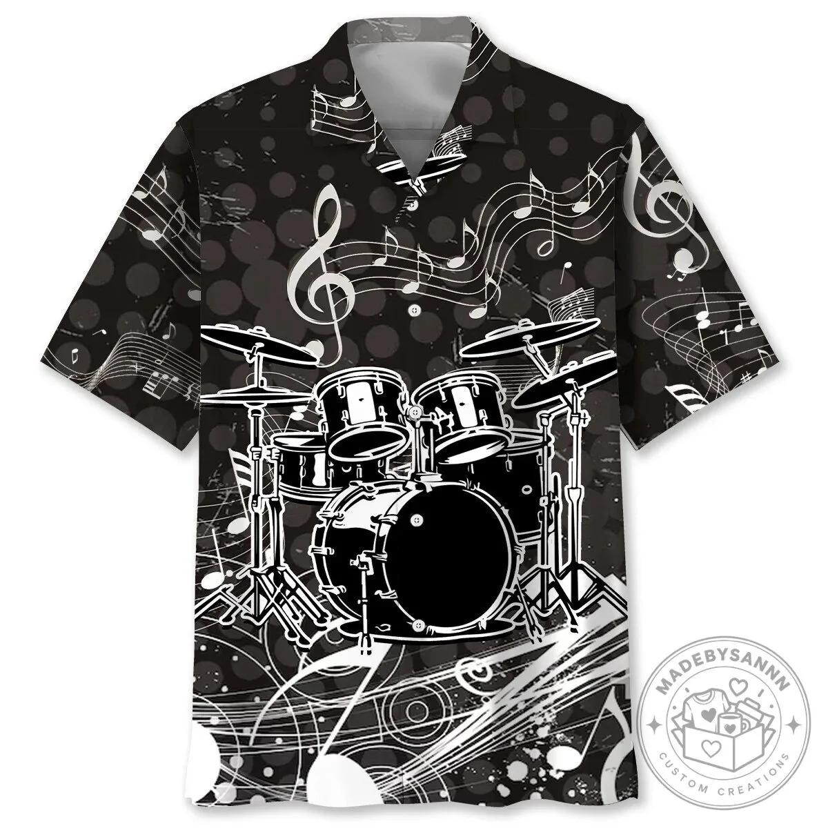 Musical Drum Kit Black and White Graphic Hawaiian Shirt