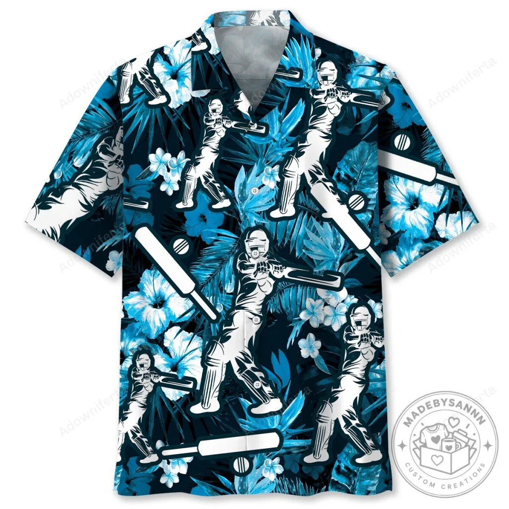 Cricket Player Hibiscus Floral Blue Hawaiian Shirt