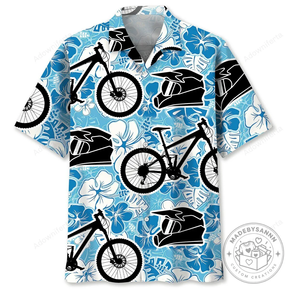 Mountain Biking Blue Hibiscus Pattern Hawaiian Shirt for Men