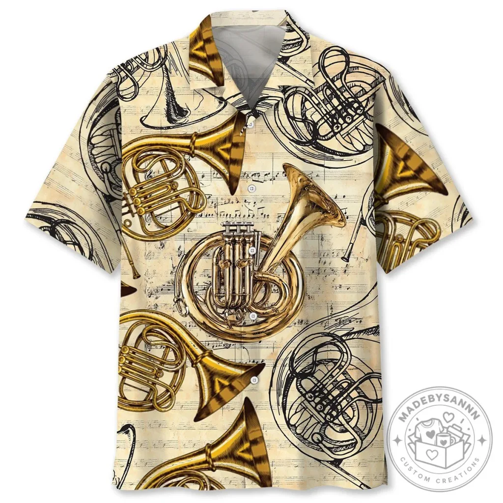 Vintage French Horn Brass Musical Instrument Hawaiian Shirt 11 Vintage French Horn Brass Musical Instrument Hawaiian Shirt