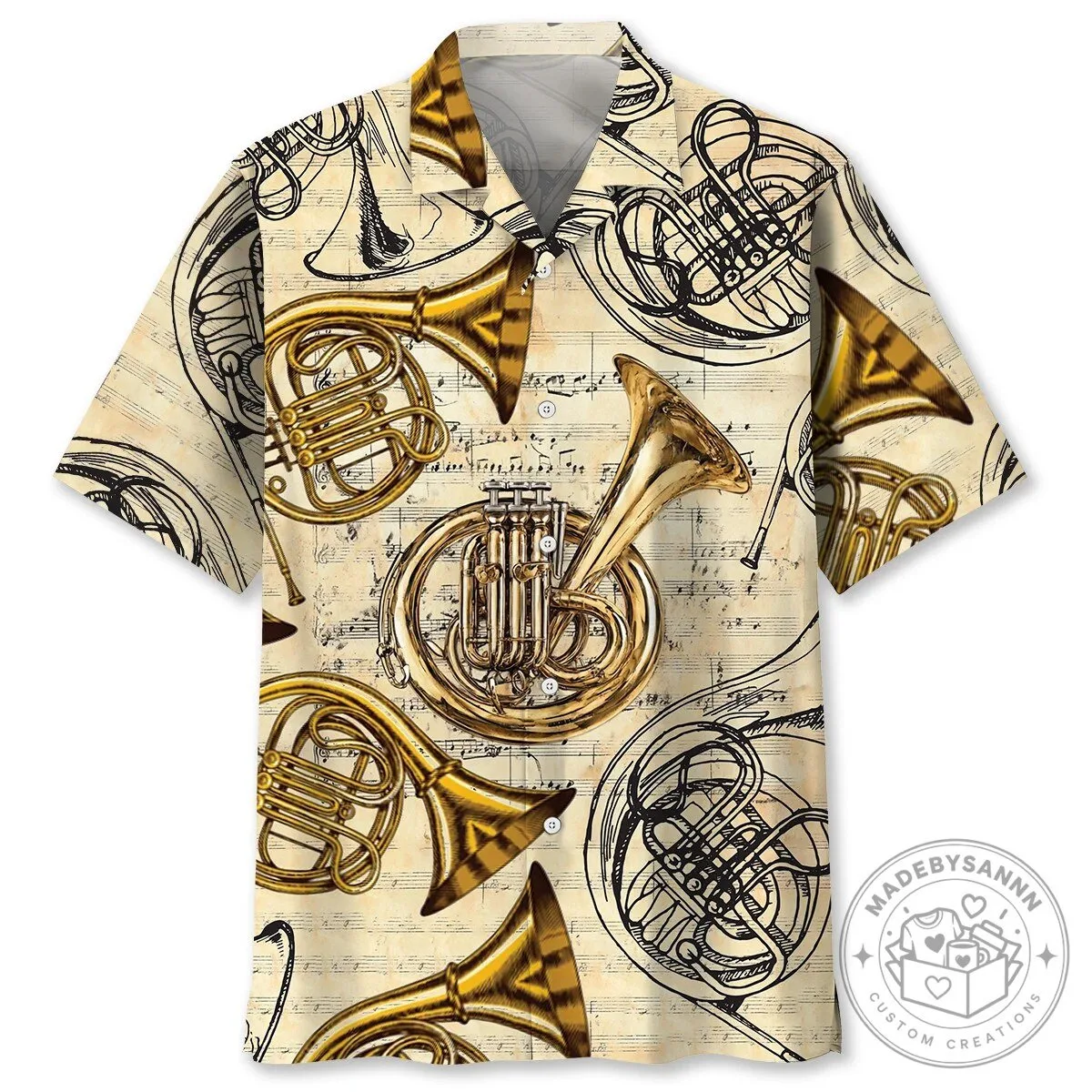 Vintage French Horn Brass Musical Instrument Hawaiian Shirt