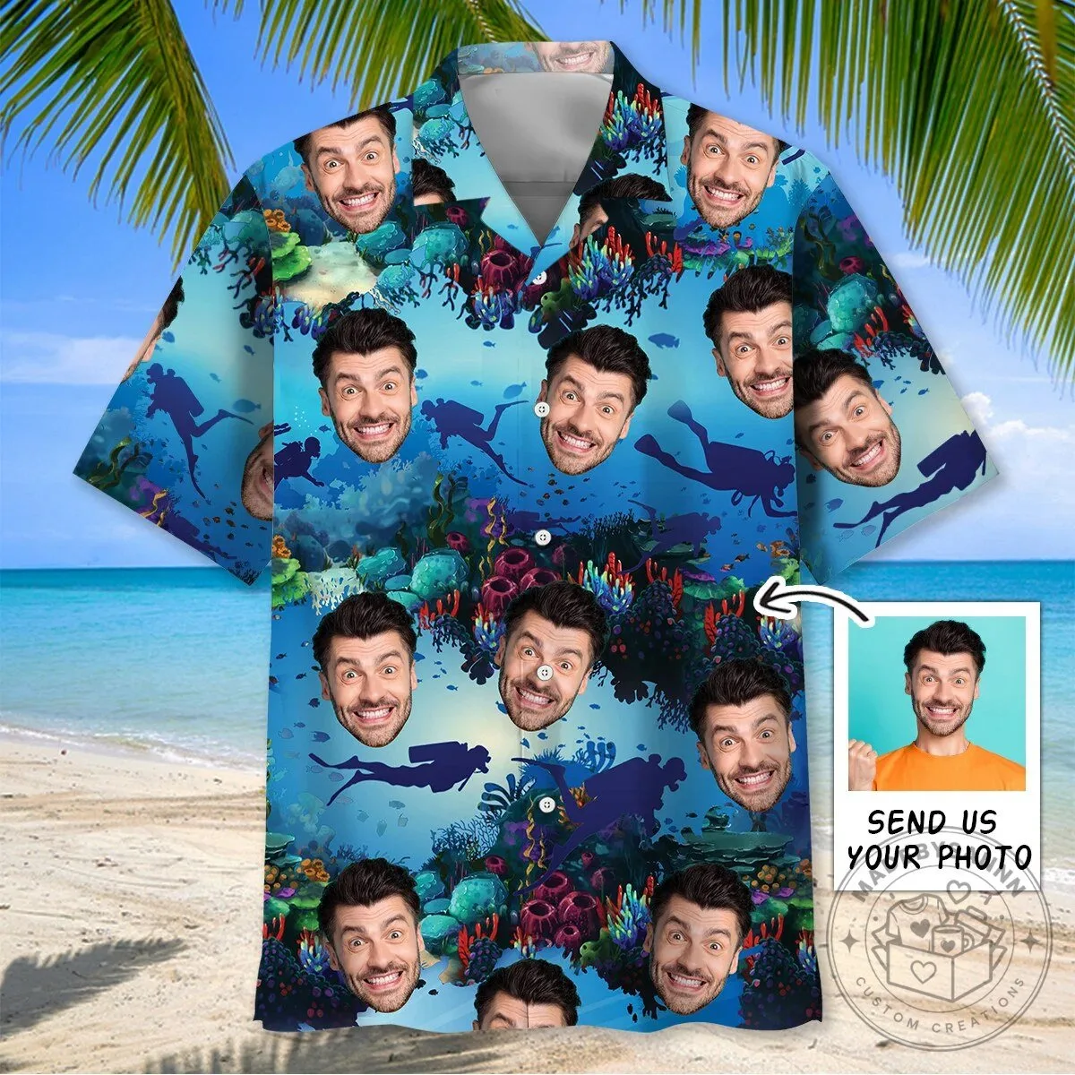 Custom Face Scuba Diving Ocean Coral Reef Pattern Hawaiian Shirt