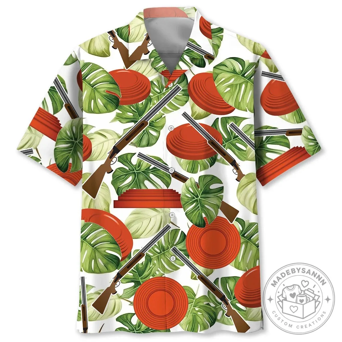 Clay Shooting Sport Gun and Target Tropical Leaves Hawaiian Shirt