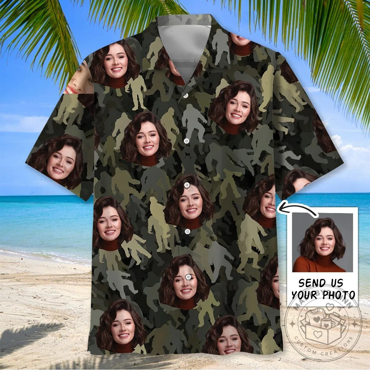 Personalized Bigfoot Camouflage Pattern Hawaiian Shirt with Custom Face