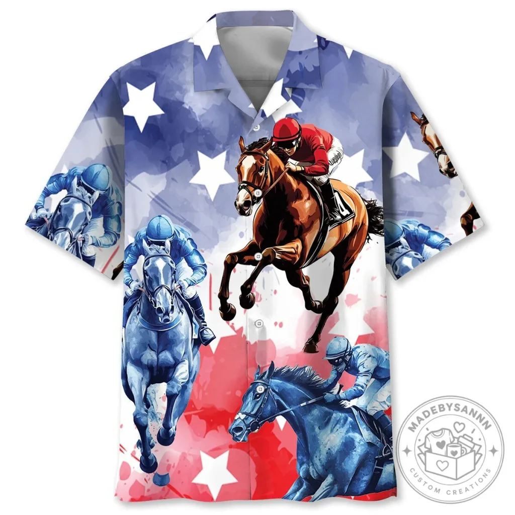 Patriotic Horse Racing Jockey Watercolor American Flag Hawaiian Shirt 1 Patriotic Horse Racing Jockey Watercolor American Flag Hawaiian Shirt