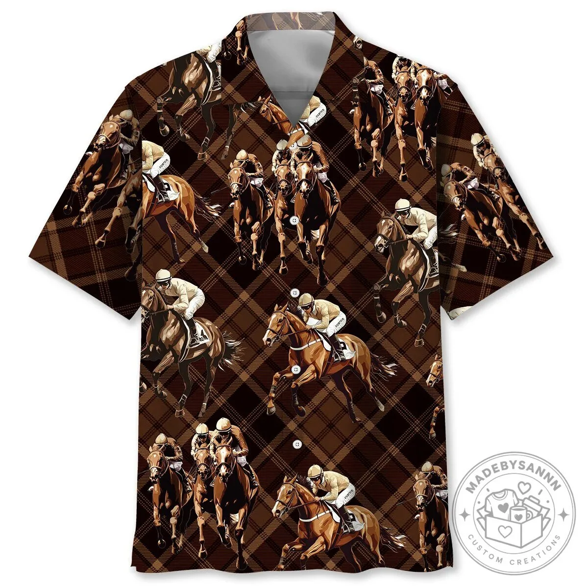 Horse Racing Jockey Brown Plaid Pattern Hawaiian Shirt