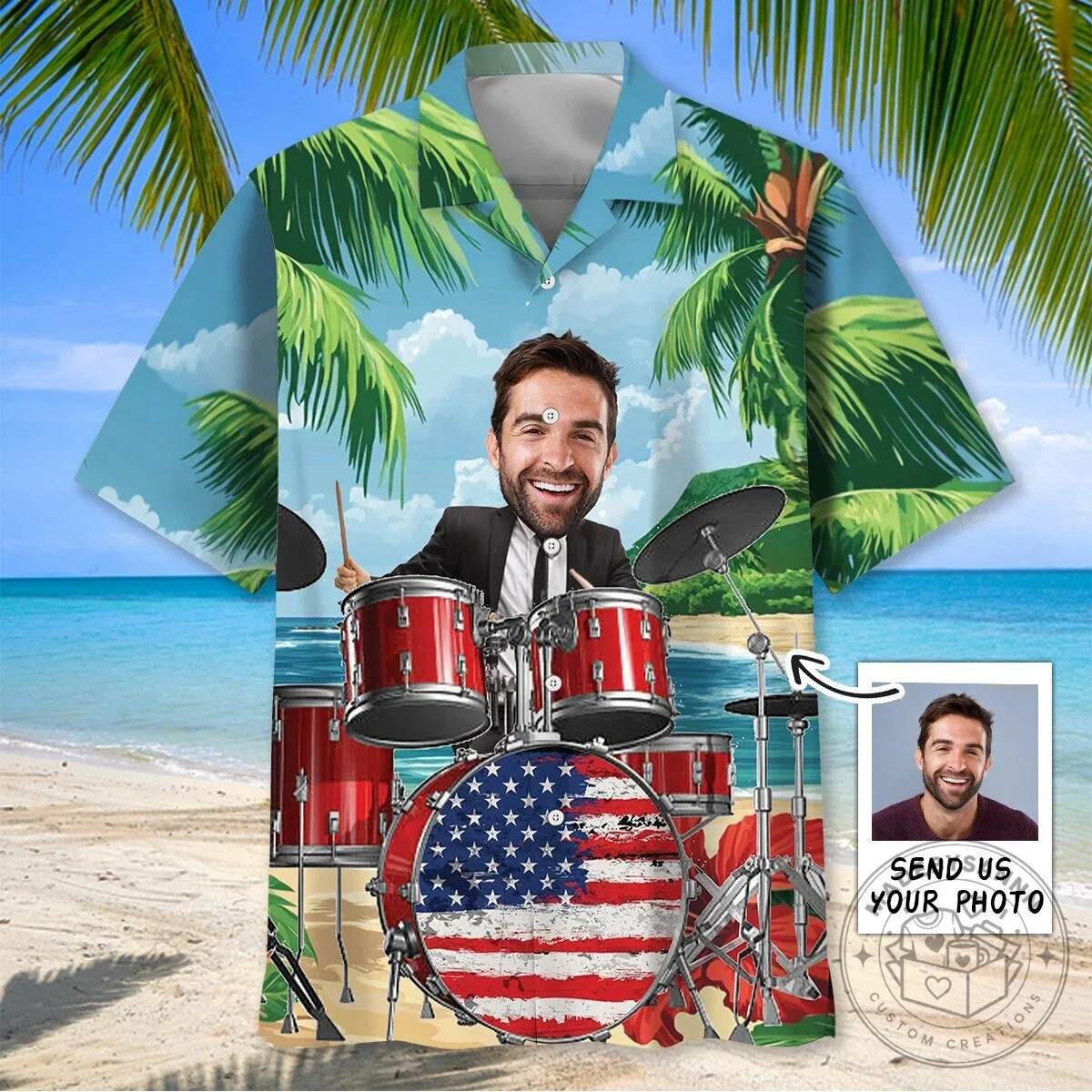 Personalized Drummer Photo Hawaiian Shirt, Custom Face Drum Kit Beach Shirt