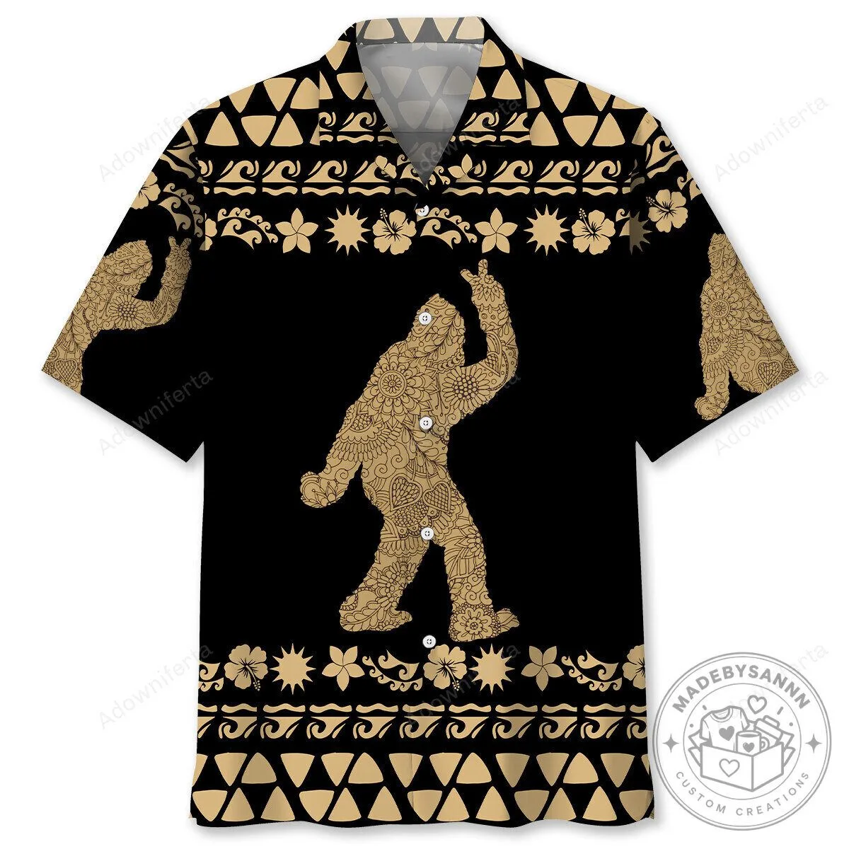 Bigfoot Sasquatch Floral Pattern Black Gold Hawaiian Shirt