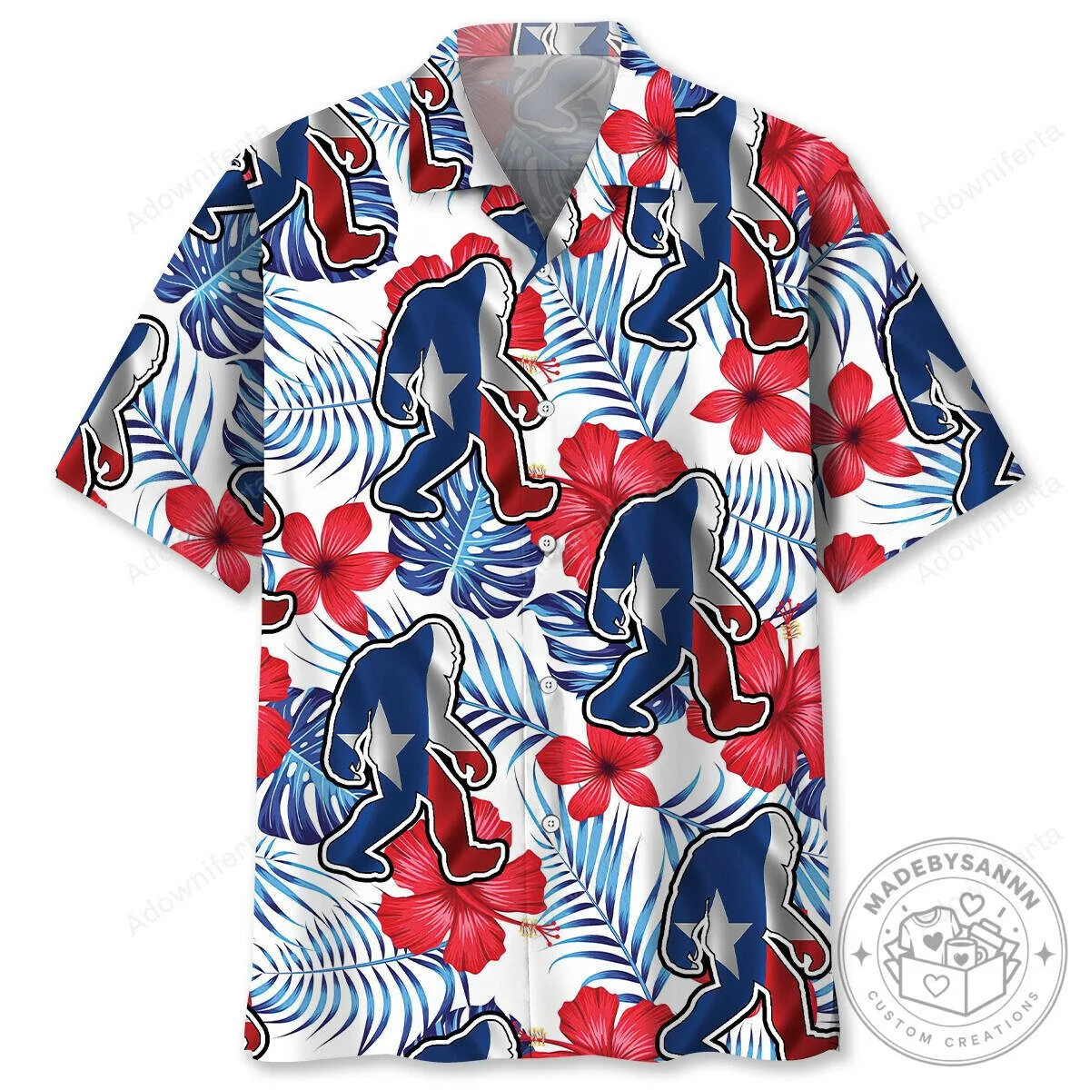 Bigfoot Texas Flag Hibiscus Flower Summer Beach Hawaiian Shirt