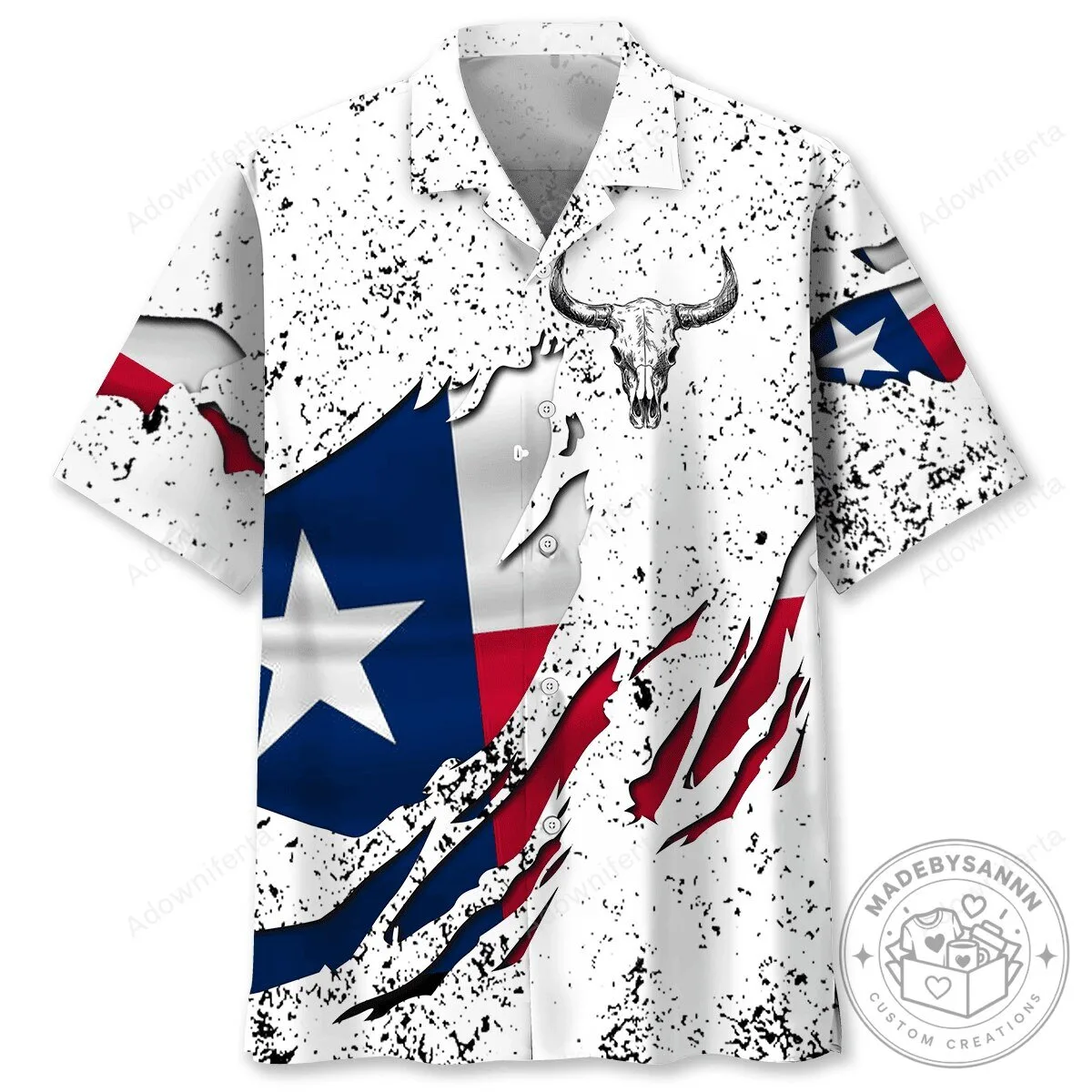 Texas Flag Longhorn Skull Distressed White Hawaiian Shirt
