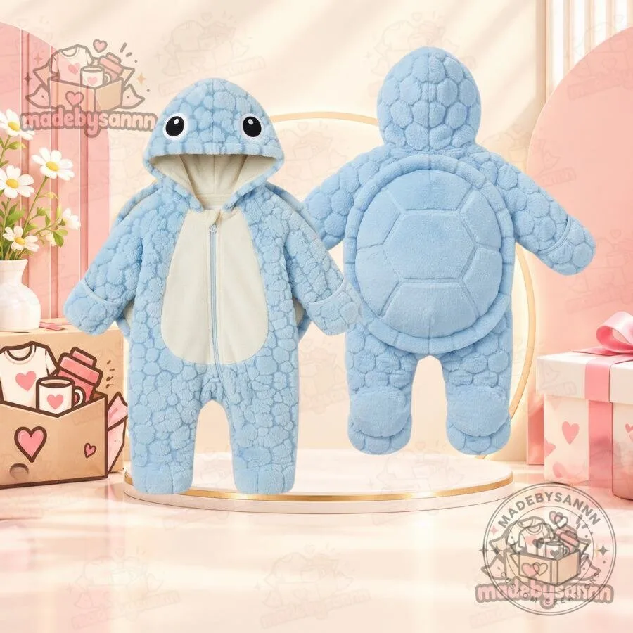 Baby Turtle Jumpsuit Blue Plush Turtle Onesie with Hood & Shell Detail