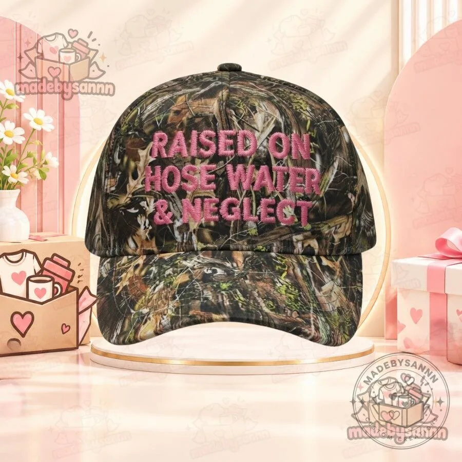 Raised on Hose Water & Neglect Camo Baseball Hat Embroidered Hot Pink