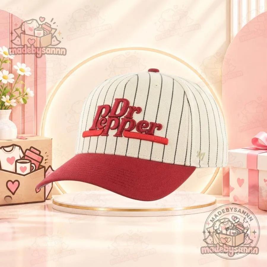Dr Pepper x True Brvnd Pinstripe Hat Maroon & Off-White 3D Embroidered Cap