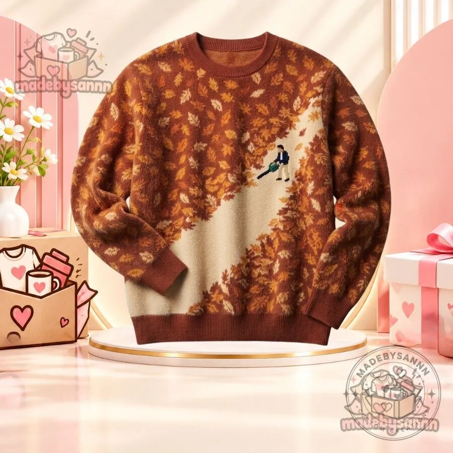 Fall Leaf Pattern Sweater Rust Orange and Beige Crewneck with Funny Leaf Blower