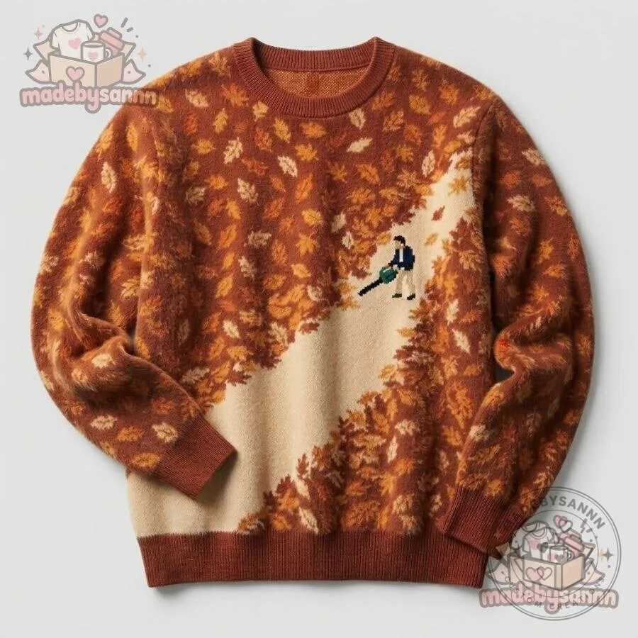 Funny Leaf Blower Fall Sweater Rust Orange & Beige Autumn Leaves Knit Crewneck 8 Fall Leaf Pattern Sweater Rust Orange and Beige Crewneck with Funny Leaf Blower