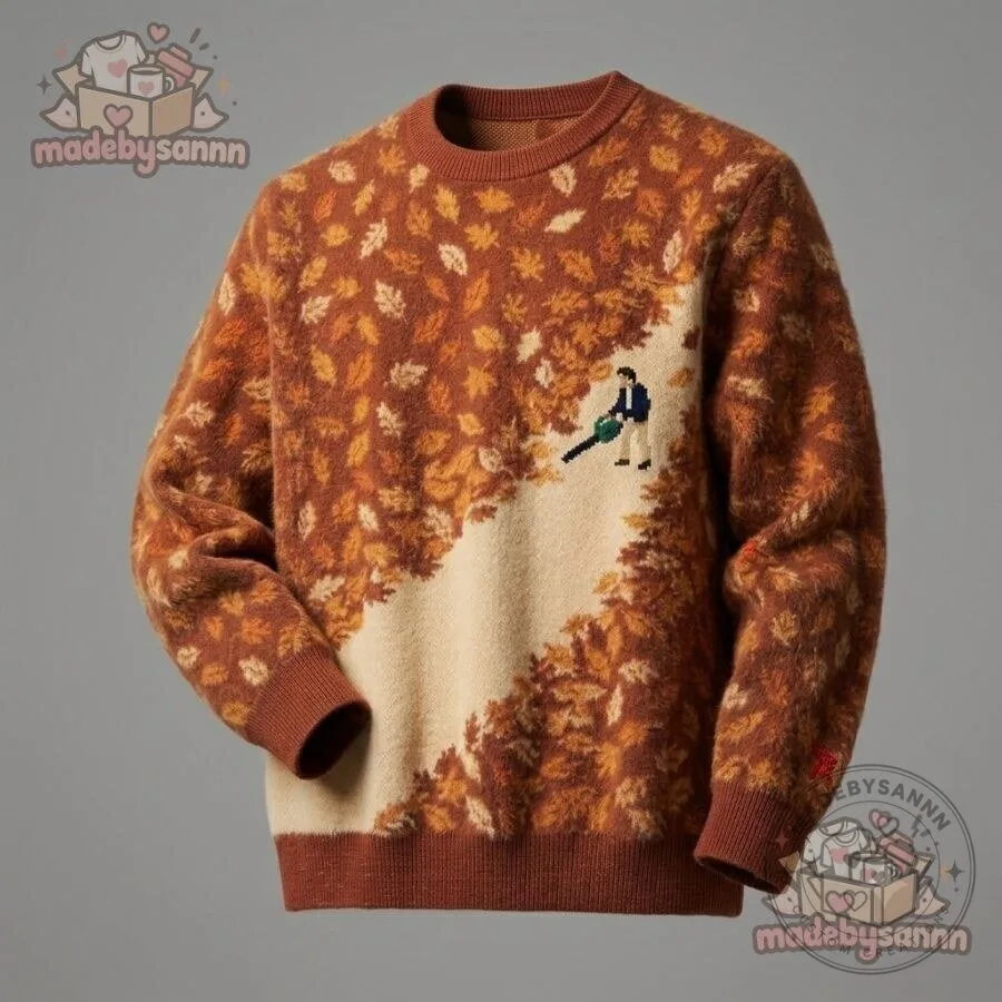 Funny Leaf Blower Fall Sweater Rust Orange & Beige Autumn Leaves Knit Crewneck 9 Fall Leaf Pattern Sweater Rust Orange and Beige Crewneck with Funny Leaf Blower