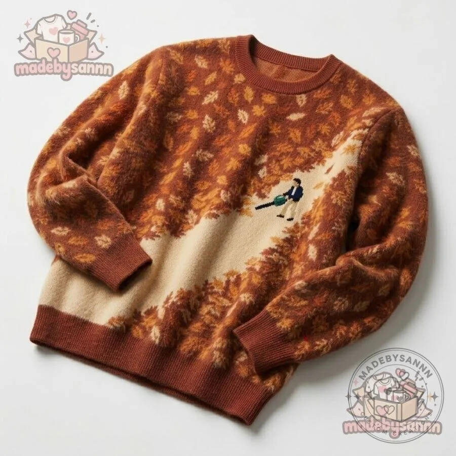 Funny Leaf Blower Fall Sweater Rust Orange & Beige Autumn Leaves Knit Crewneck 10 Fall Leaf Pattern Sweater Rust Orange and Beige Crewneck with Funny Leaf Blower