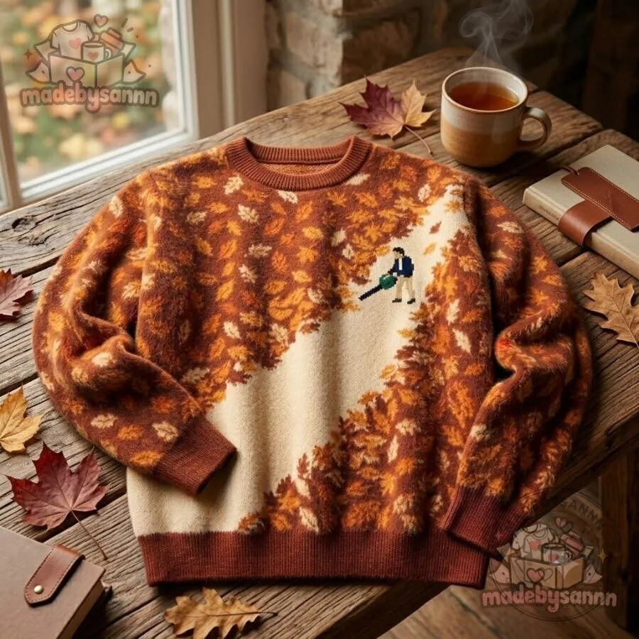 Funny Leaf Blower Fall Sweater Rust Orange & Beige Autumn Leaves Knit Crewneck 11 Fall Leaf Pattern Sweater Rust Orange and Beige Crewneck with Funny Leaf Blower