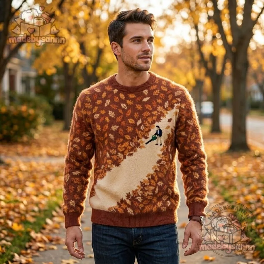 Funny Leaf Blower Fall Sweater Rust Orange & Beige Autumn Leaves Knit Crewneck 12 Fall Leaf Pattern Sweater Rust Orange and Beige Crewneck with Funny Leaf Blower
