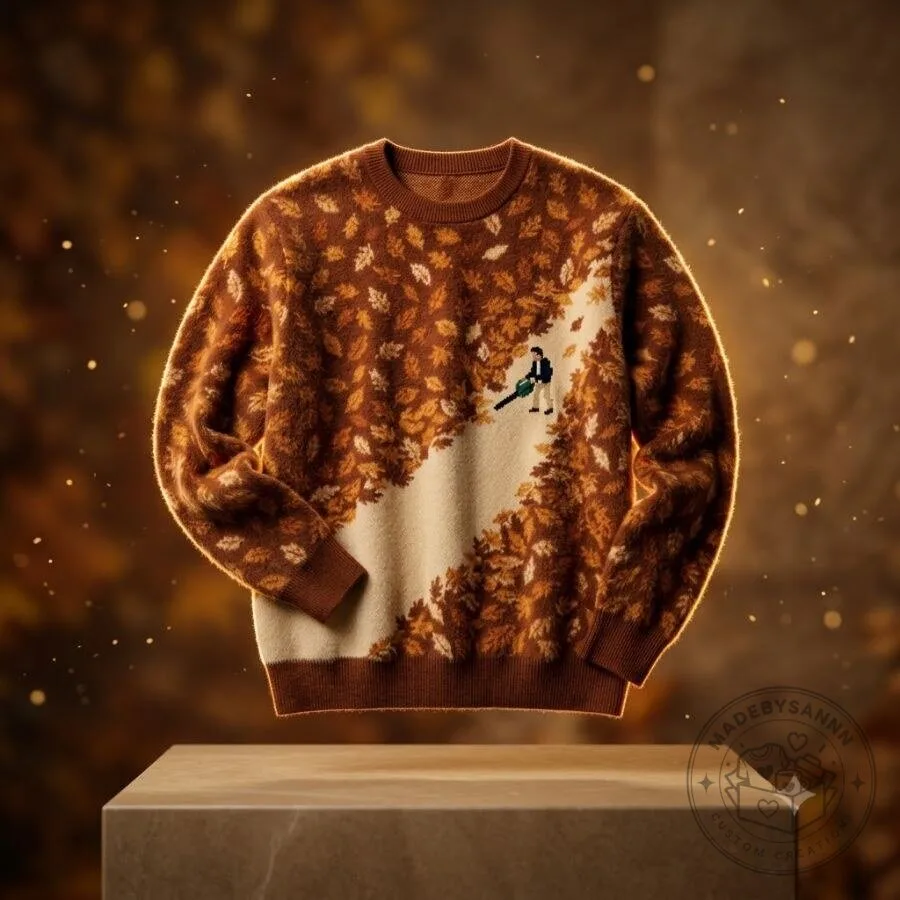 Funny Leaf Blower Fall Sweater Rust Orange & Beige Autumn Leaves Knit Crewneck 13 Fall Leaf Pattern Sweater Rust Orange and Beige Crewneck with Funny Leaf Blower