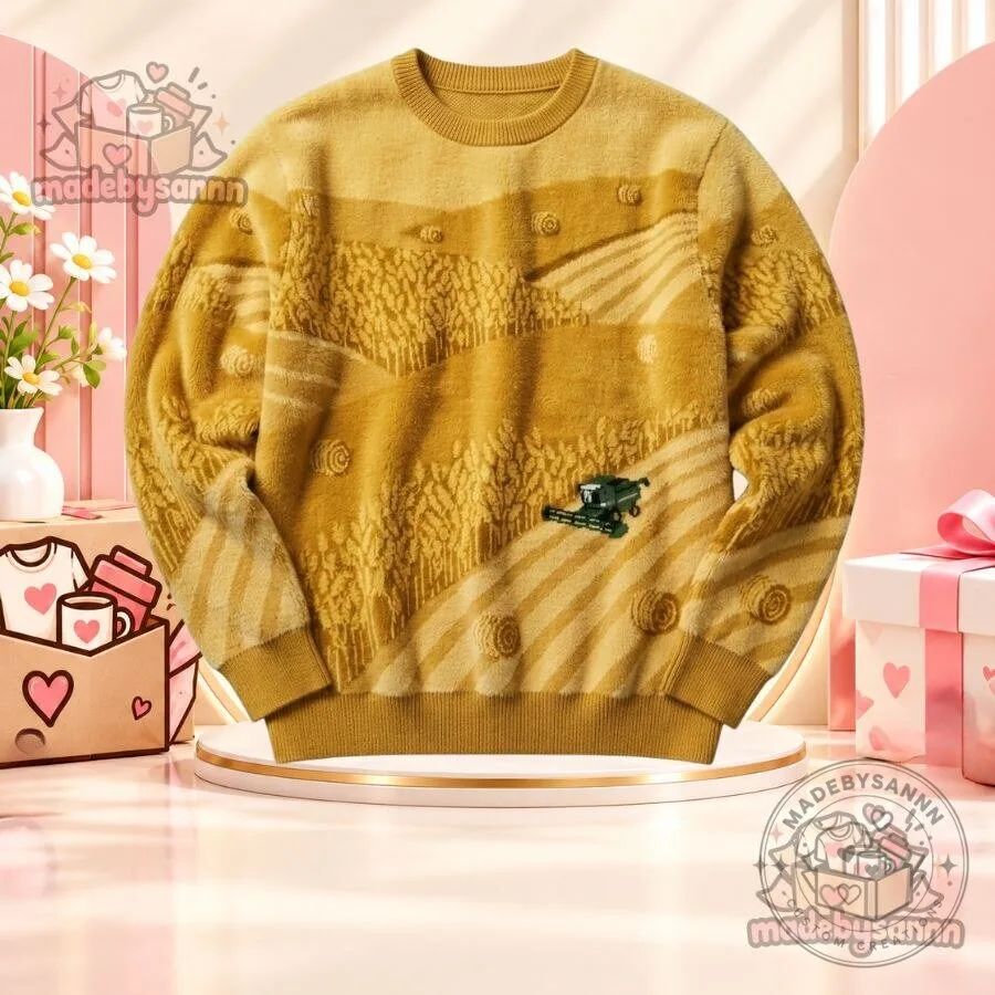 2026 Mustard Yellow Farm Landscape Knit Sweater Golden Wheat Field Harvest Textured Crewneck Pullover