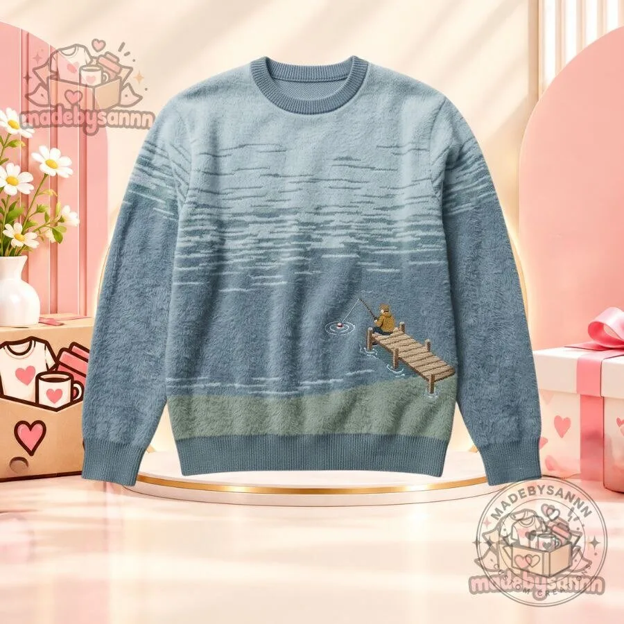 Fishing Sweater Light Blue Gradient Water Knit Crewneck Pullover with Fisherman on Dock Graphic