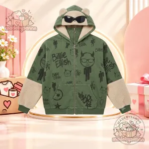 Billie Eilish Graffiti Devil Ear Zip-Up Hoodie Green Full Face Zip