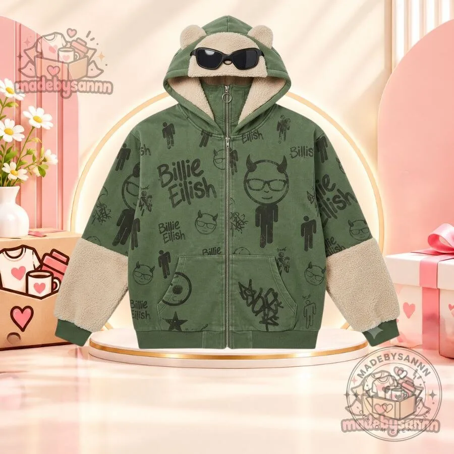 Billie Eilish Graffiti Devil Ear Zip-Up Hoodie Green Full Face Zip